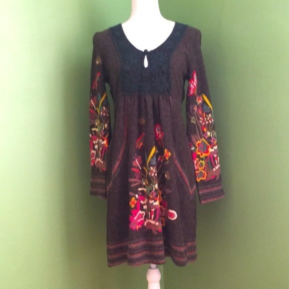 ARYEH‎ Women's Brown Floral Butterfly Print Lace Trim Sweater Dress Long Sleeve
